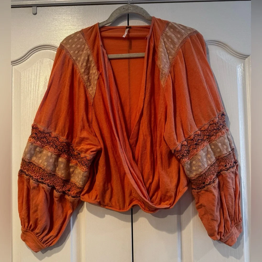 Free People Peach Spring Break Wrap Blouse with Embroidered Sleeves - Size S